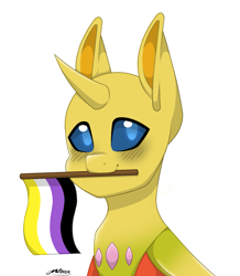 Size: 1107x1268 | Tagged: safe, artist:melodytheartpony, imported from derpibooru, oc, oc only, oc:ren the changeling, changedling, changeling, blushing, commission, cute, happy, horn, mouth hold, nonbinary, nonbinary pride flag, pride, pride flag, pride month, signature, simple background, solo, white background, wings, wings down, ych result, yellow changeling, your character here