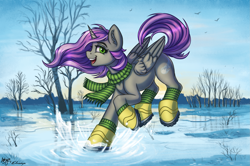 Size: 3047x2019 | Tagged: safe, artist:amishy, artist:elronya, artist:eltaile, imported from derpibooru, oc, oc only, oc:astral wind, alicorn, pony, boots, clothes, collaboration, commission, detailed background, equine, female, happy, jumping, looking at you, mare, open mouth, puddle, scarf, shoes, smiling, snow, socks, solo, splash, spring, striped scarf, striped socks, tree, water, your character here