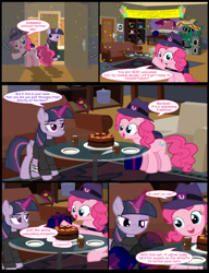 Size: 1042x1358 | Tagged: safe, artist:dendoctor, imported from derpibooru, mean twilight sparkle, pinkie pie, twilight sparkle, alicorn, earth pony, pony, comic:clone.., alternate universe, bandage, cactus, cake, clone, clothes, comic, confetti, couch, female, food, hat, knife, pinkie clone, plate, present, speaker, sunglasses, turntable, twilight sparkle (alicorn)