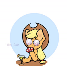 Size: 1280x1434 | Tagged: safe, artist:yumiy_salin, imported from derpibooru, applejack, earth pony, pony, alcohol, card, cocktail, drink, female, glasses, hat, mare, poker, silly, simple background, solo