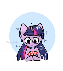 Size: 1280x1434 | Tagged: safe, artist:yumiy_salin, imported from derpibooru, twilight sparkle, pony, unicorn, card, female, mare, math, meme, simple background, solo, stare