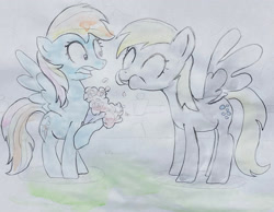 Size: 1716x1329 | Tagged: safe, artist:mandumustbasukanemen, imported from derpibooru, derpy hooves, rainbow dash, pegasus, pony, duo, duo female, eating, female, flower, herbivore, horses doing horse things, mare, the tax breaks, traditional art