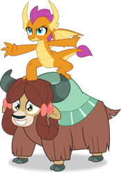 Size: 2083x3001 | Tagged: safe, artist:frownfactory, imported from derpibooru, smolder, yona, dragon, yak, bow, cloven hooves, dragon knight series, dragoness, duo, female, hair bow, horns, monkey swings, part of a series, riding, riding a yak, simple background, smiling, smolder riding yona, transparent background, vector, wings