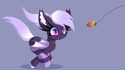 Size: 12918x7230 | Tagged: safe, artist:windykirin, imported from derpibooru, oc, oc only, oc:proxi, bat pony, pony, absurd resolution, clothes, cute, fangs, food, freckles, herbivore, mango, ocbetes, running, socks, solo, string, striped socks, unshorn fetlocks, windswept mane