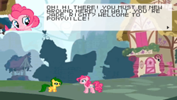 Size: 1920x1080 | Tagged: safe, imported from derpibooru, pinkie pie, oc, oc:jade, earth pony, pegasus, pony, dialogue, female, filly, foal, game, mare, ponyville, smiling, super filly adventure, text, youtube link