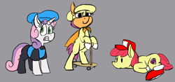 Size: 1208x565 | Tagged: safe, alternate version, artist:thebathwaterhero, imported from derpibooru, apple bloom, scootaloo, sweetie belle, earth pony, pony, unicorn, bipedal, clothes, cosplay, costume, crossover, cutie mark crusaders, female, filly, foal, gray background, peppino spaghetti, pizza tower, simple background, snick, the noise, trio