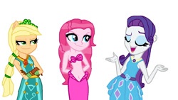 Size: 1160x656 | Tagged: safe, artist:diana173076, imported from derpibooru, applejack, pinkie pie, rarity, human, mermaid, equestria girls, base used, bra, crystal guardian, geode of super strength, magical geodes, rarity peplum dress, seashell bra, simple background, solo, super ponied up, white background