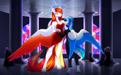 Size: 1536x960 | Tagged: safe, artist:scarlet-spectrum, imported from derpibooru, oc, oc only, oc:diamond sun, oc:hawker hurricane, anthro, pegasus, unguligrade anthro, breasts, cleavage, clothes, colored wings, commission, dancing, dress, female, hawkmond, male, mare, size difference, stallion, suit, wings