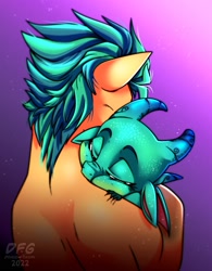 Size: 1767x2267 | Tagged: safe, artist:dragonfoxgirl, imported from derpibooru, hitch trailblazer, dragon, earth pony, pony, baby, baby dragon, duo, father and child, father and son, g5, holding a dragon, hug, male, papa hitch, rear view, sparky sparkeroni, stallion