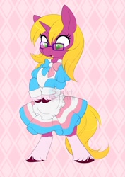 Size: 1010x1427 | Tagged: safe, artist:scarlet-spectrum, imported from derpibooru, part of a set, oc, oc only, oc:bright star, pony, unicorn, bipedal, clothes, commission, dress, eyelashes, female, glasses, pride, pride flag, ribbon, solo, transgender pride flag, ych result