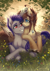 Size: 2480x3507 | Tagged: safe, artist:fenwaru, imported from derpibooru, oc, oc:ondrea, oc:thunder run, bat pony, pegasus, blue eyes, couple, cuddling, cute, flower, forest, grass, looking at each other, looking at someone, lying down, lying on top of someone, markings, prone, red eyes, skull