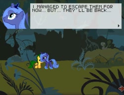 Size: 1044x800 | Tagged: safe, imported from derpibooru, princess luna, oc, oc:jade, alicorn, pegasus, pony, crown, dialogue, everfree forest, eyelashes, female, filly, foal, forest, game, horn, jewelry, mare, regalia, super filly adventure, text, wings, youtube link