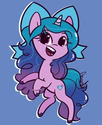 Size: 1996x2451 | Tagged: safe, artist:lilliesinthegarden, imported from derpibooru, izzy moonbow, pony, unicorn, bipedal, blue background, bow, bracelet, cute, eyelashes, female, g5, happy, heart eyes, izzybetes, jewelry, open mouth, open smile, simple background, smiling, solo, standing, standing on one leg, unshorn fetlocks, wingding eyes