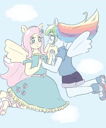 Size: 2508x3009 | Tagged: safe, artist:nemucure, imported from derpibooru, fluttershy, rainbow dash, human, equestria girls, blue background, clothes, cloud, duo, duo female, eyelashes, female, flutterdash, lesbian, looking at each other, looking at someone, shipping, simple background, wings