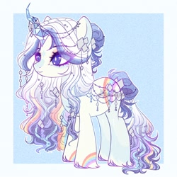 Size: 2000x2000 | Tagged: safe, artist:sorenszz, imported from derpibooru, oc, oc only, pony, unicorn, blue background, eyelashes, female, hair, horn, jewelry, long tail, rainbow, simple background, solo, tail