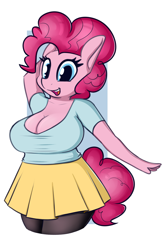 Size: 2113x3240 | Tagged: safe, artist:andelai, imported from derpibooru, pinkie pie, anthro, earth pony, arm behind head, big breasts, breasts, busty pinkie pie, cleavage, clothes, eyelashes, female, happy, open mouth, open smile, pantyhose, simple background, skirt, smiling, solo, white background