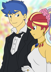 Size: 1280x1802 | Tagged: safe, alternate version, artist:studiodraw, edit, imported from derpibooru, flash sentry, sunset shimmer, human, equestria girls, clothes, dress, female, flashimmer, male, marriage, no eyelashes, shipping, straight, wedding, wedding dress