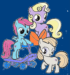 Size: 1715x1836 | Tagged: safe, artist:ameliatherockstargirl67, edit, imported from derpibooru, baby cuddles, baby lofty, dinky hooves, earth pony, pegasus, pony, unicorn, 1000 hours in ms paint, alternate cutie mark crusaders, alternate universe, baby, baby cuddles (pegasus), baby lofty (earth pony), baby loftybetes, baby pony, blue background, bow, coloring page, cuddlebetes, cute, dinkabetes, eyelashes, female, filly, foal, g1, g1 to g4, g4, generation leap, generations, orange bow, race swap, raised hoof, raised leg, scooter, simple background, smiling, trio