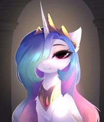 Size: 2202x2580 | Tagged: safe, artist:magnaluna, imported from derpibooru, princess celestia, alicorn, pony, archway, bust, crown, eyebrows, eyelashes, female, hair over one eye, high res, jewelry, looking at you, mare, peytral, portrait, regalia, smiling, smiling at you, solo, sparkly hair, sparkly mane