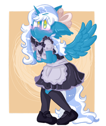 Size: 1280x1520 | Tagged: safe, artist:stinkygooby, imported from derpibooru, oc, oc:fleurbelle, alicorn, anthro, alicorn oc, apron, blushing, bow, clothes, female, hair bow, horn, maid, mare, shoes, wings, yellow eyes