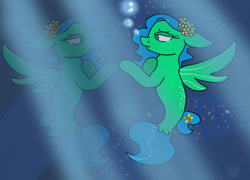 Size: 1280x924 | Tagged: safe, artist:snoopy7c7, imported from derpibooru, oc, oc only, seapony (g4), blue mane, bubble, crepuscular rays, dorsal fin, fish tail, flowing tail, green eyes, ocean, reflection, sad, solo, spread wings, sunlight, tail, teary eyes, underwater, water, wings