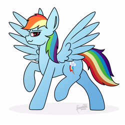 Size: 3800x3800 | Tagged: safe, artist:foxxo666, imported from derpibooru, rainbow dash, high res, looking at you, raised leg, simple background, spread wings, white background, wings
