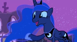 Size: 1280x701 | Tagged: safe, imported from derpibooru, screencap, princess luna, alicorn, pony, luna eclipsed, season 2, clothes, crown, female, horn, jewelry, mare, moon, night, open mouth, open smile, regalia, shoes, smiling, sparkles, stars, wings, youtube link