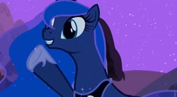 Size: 1280x703 | Tagged: safe, imported from derpibooru, screencap, princess luna, alicorn, pony, luna eclipsed, season 2, clothes, crown, female, jewelry, mare, moon, night, regalia, shoes, smiling, sparkles, stars, the fun has been doubled, youtube link