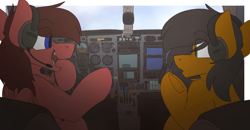 Size: 4414x2290 | Tagged: safe, artist:kirbirb, imported from derpibooru, oc, oc only, oc:chance, oc:notetaker, earth pony, pegasus, pony, cockpit, couple, duo, headset, interior, panel, plane