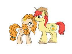 Size: 2048x1536 | Tagged: safe, artist:chanyhuman, imported from derpibooru, bright mac, pear butter, earth pony, pony, brightbutter, buttercup, female, flower, flower in hair, folk, hat, looking at each other, looking at someone, male, mare, shipping, simple background, stallion, straight, white background