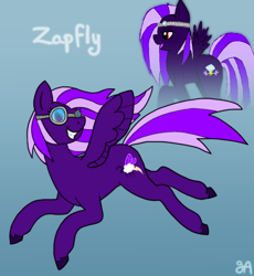 Size: 810x882 | Tagged: safe, artist:greenarsonist, imported from derpibooru, oc, oc only, oc:zapfly, pegasus, female, filly, flying, foal, goggles, pegasus oc, redraw, smiling, spread wings, unshorn fetlocks, wings