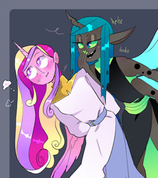Size: 1234x1389 | Tagged: safe, artist:stevetwisp, imported from derpibooru, princess cadance, queen chrysalis, human, blushing, cadalis, colored, cute, female, horn, horned humanization, humanized, infidelity, laughing, lesbian, shipping, simple background, winged humanization, wings