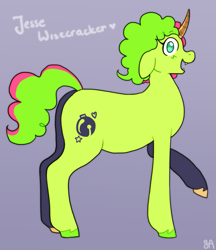 Size: 811x939 | Tagged: safe, artist:greenarsonist, imported from derpibooru, oc, oc only, oc:jesse wisecracker, pony, unicorn, chubby, horn, nonbinary, prosthetic horn, prosthetics, solo, tail, teeth, two toned mane, two toned tail, unicorn oc, unshorn fetlocks