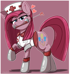 Size: 945x992 | Tagged: safe, artist:malachimoet, imported from derpibooru, pinkie pie, earth pony, pony, g4, hat, looking at you, mouth hold, needle, nurse, nurse hat, nurse outfit, pinkamena diane pie, solo, syringe, this will end in cupcakes, this will end in pain