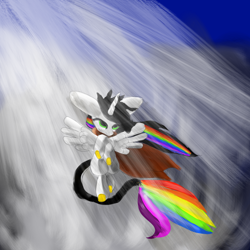 Size: 2000x2000 | Tagged: safe, artist:billyggruff, imported from derpibooru, oc, oc only, oc:lightning bliss, alicorn, pony, alicorn oc, cape, clothes, crepuscular rays, cute, female, flying, green eyes, high res, horn, mare, multicolored hair, ocbetes, rainbow hair, rainbow tail, smiling, solo, spread wings, tail, wings