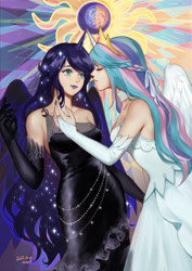 Size: 1800x2546 | Tagged: safe, artist:momori, imported from derpibooru, princess celestia, princess luna, human, aqua eyes, bare shoulders, belly chain, black dress, black gloves, black wings, blue hair, blue lipstick, choker, clothes, crescent moon, dated, dress, duo, duo female, eclipse, evening gloves, eyelashes, eyes closed, female, females only, gloves, horn, horned humanization, humanized, imminent kissing, incest, jewelry, lesbian, lipstick, long gloves, long hair, looking at each other, looking at someone, makeup, moon, multicolored hair, pink lipstick, princest, royal sisters, shipping, siblings, sisters, smiling, sparkles, sun, white dress, white gloves, white wings, winged humanization, wings