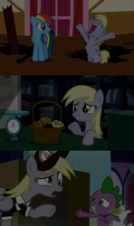 Size: 1280x2160 | Tagged: safe, edit, edited screencap, editor:jerryakiraclassics19, imported from twibooru, screencap, derpy hooves, rainbow dash, spike, dragon, pegasus, pony, slice of life (episode), the last roundup, the point of no return, '90s, clothes, female, food, hat, image, mailmare, mailmare hat, mailmare uniform, male, mare, muffin, png, winged spike