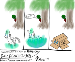 Size: 2111x1754 | Tagged: safe, artist:krivvy, oc, oc:anon, changeling, human, series:learning to draw with /bug/, beginner artist, cardboard box, disguise, disguised changeling, magic, nhnb, requested art, simple background, speech bubble, startled, surprised, transformation, tree