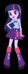 Size: 393x1049 | Tagged: safe, imported from twibooru, twilight sparkle, equestria girls, boots, bow, bowtie, clothes, cutie mark, cutie mark on clothes, high heel boots, image, leg warmers, needs more jpeg, shirt, shoes, simple background, skirt, solo, transparent background