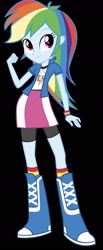 Size: 662x1608 | Tagged: safe, imported from twibooru, rainbow dash, equestria girls, boots, bracelet, clothes, cutie mark, cutie mark on clothes, high heel boots, image, jewelry, needs more jpeg, shirt, shoes, simple background, skirt, socks, solo, transparent background, vest