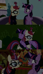 Size: 1280x2160 | Tagged: safe, edit, edited screencap, editor:jerryakiraclassics19, imported from twibooru, screencap, moondancer, twilight sparkle, alicorn, pony, unicorn, amending fences, the point of no return, '90s, bag, clothes, female, glasses, image, mare, png, saddle bag, sweater, twilight sparkle (alicorn)