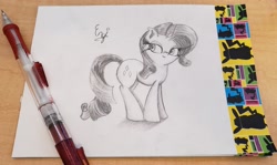 Size: 3666x2186 | Tagged: safe, artist:engi, imported from derpibooru, rarity, pony, unicorn, beautiful, cute, looking at you, pencil drawing, photo, raribetes, simple background, traditional art