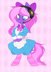 Size: 1010x1427 | Tagged: safe, artist:scarlet-spectrum, imported from derpibooru, part of a set, oc, oc only, oc:lillybit, earth pony, pony, adorkable, bipedal, bow, clothes, commission, cute, dork, dress, female, gaming headset, headphones, headset, maid, no eyelashes, ribbon, socks, solo, striped socks, ych result