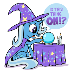 Size: 1950x1950 | Tagged: safe, artist:mellodillo, imported from derpibooru, trixie, pony, unicorn, candle, crystal ball, dialogue, female, g4, mare, poking, simple background, sitting, solo, speech bubble, table, white background