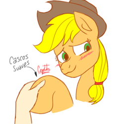 Size: 1280x1280 | Tagged: safe, artist:cjv2004, imported from derpibooru, applejack, earth pony, pony, blushing, cute, hand, hat, hooves debate, offscreen character, offscreen human, simple background, spanish, white background