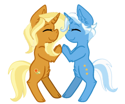 Size: 898x748 | Tagged: safe, artist:decokenite, artist:kittenbases, imported from derpibooru, jack pot, sunflower spectacle, pony, unicorn, base used, chest fluff, ear fluff, eyes closed, female, jacktacle, male, mare, requested art, shipping, simple background, smiling, stallion, straight, touching hooves, white background