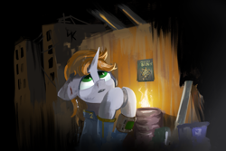 Size: 2997x1997 | Tagged: safe, artist:ka3ahb, imported from derpibooru, oc, oc:littlepip, pony, unicorn, fallout equestria, pipbuck, praying, solo