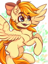 Size: 1200x1600 | Tagged: safe, artist:falafeljake, imported from derpibooru, oc, oc only, oc:deliambre, pegasus, pony, bow, chest fluff, commission, ear fluff, female, hair bow, leg fluff, mare, open mouth, solo, spread wings, wings, ych result