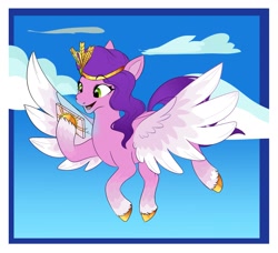 Size: 1801x1644 | Tagged: safe, artist:13_cleric, imported from derpibooru, pipp petals, pegasus, pony, cloud, eyebrows, eyebrows visible through hair, female, flying, g5, mare, open mouth, open smile, phone, sky, smiling, solo, spread wings, wings