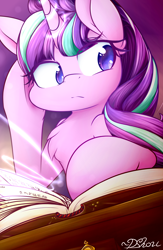 Size: 1250x1920 | Tagged: safe, artist:dshou, imported from derpibooru, starlight glimmer, pony, unicorn, book, chest fluff, female, glowing, glowing horn, horn, library, magic, mare, reading, s5 starlight, signature, solo, table
